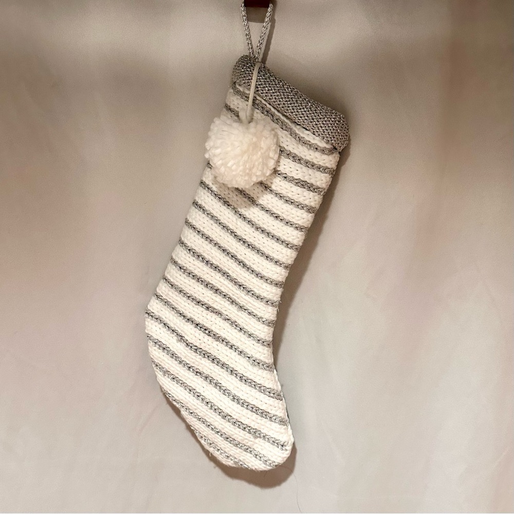Cream Silver Metallic Sweater Knit Christmas Stocking with Pom Pon 22”H